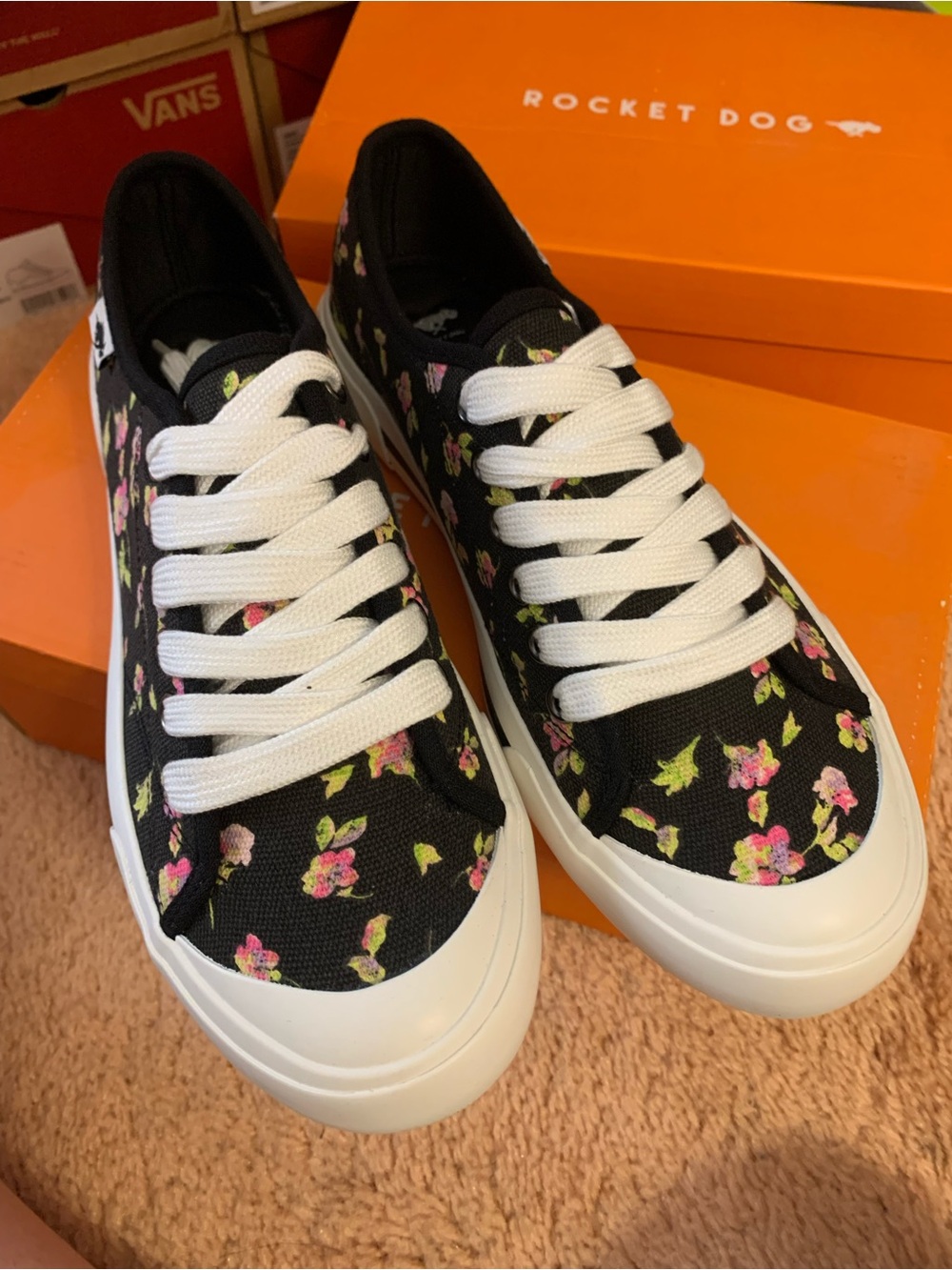 Rocket Dog Black Canvas Sneakers with Pink Floral Print